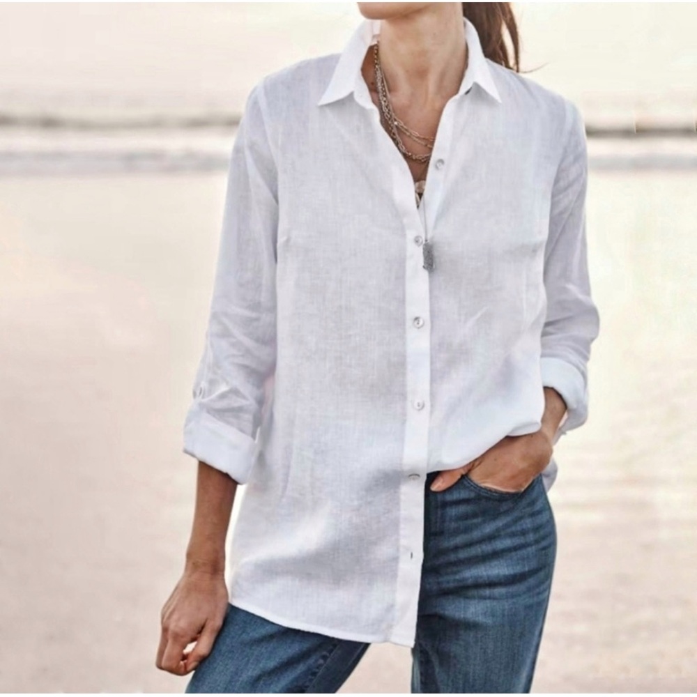 J. Jill Linen pale gray/white Button-Down Shirt size L